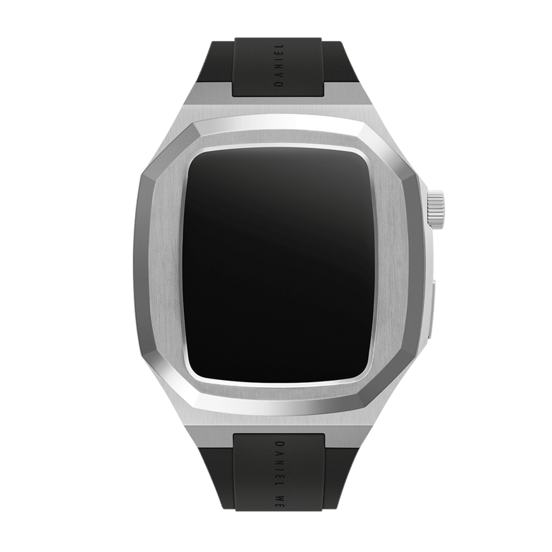 Switch Silver Apple Watch case in brushed stainless steel with an octagonal geometric design, shown with a black rubber strap and deployment clasp, suitable for 40mm Apple Watch models.