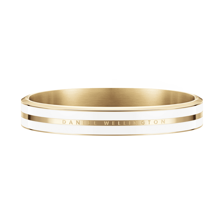 Polished gold-tone Emalie Infinite Gold Satin White bracelet featuring satin white enamel detailing and subtle Daniel Wellington branding, crafted from stainless steel for a refined, minimalist look.