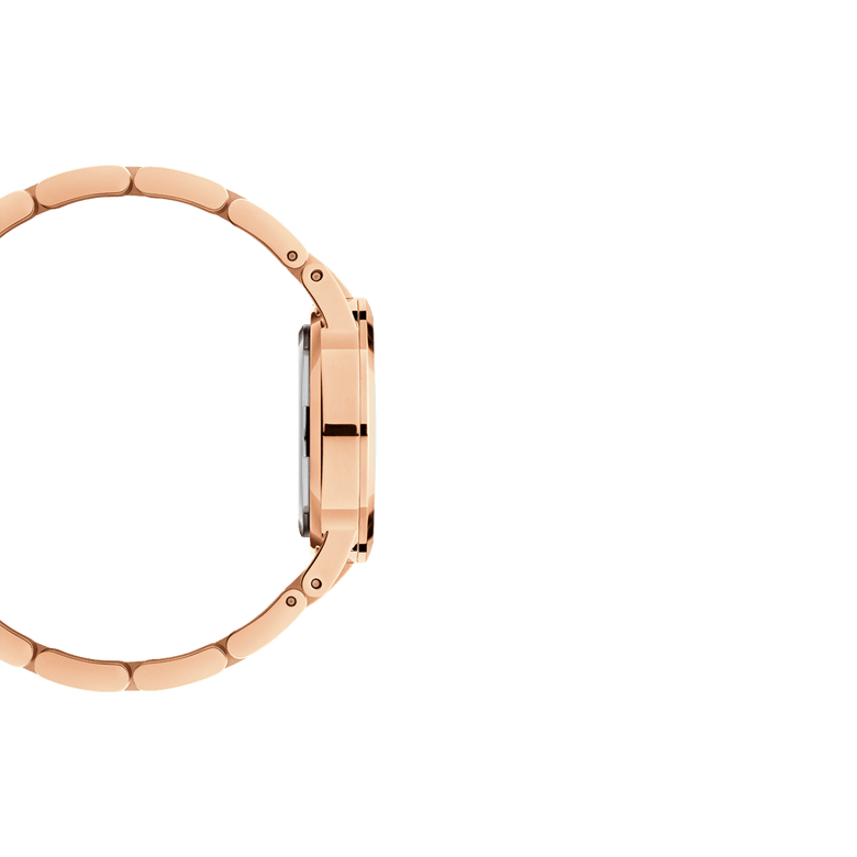 Side profile of the Iconic Link Unitone RG rose gold ladies watch, showing its slim case and seamless rose gold link bracelet, ideal for a comfortable and elegant fit.