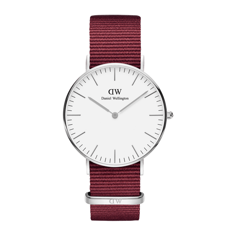 Classic Roselyn Silver watch with a stainless steel case, eggshell white dial, slim silver hour markers, and a deep ruby red NATO strap for a modern, versatile look.