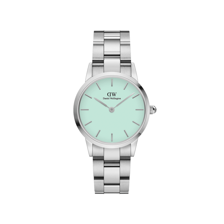 Silver ladies watch with a mint green dial, minimalist hour markers, and a polished stainless steel bracelet, showcasing the modern and distinctive style of the Iconic Link Mint Silver.