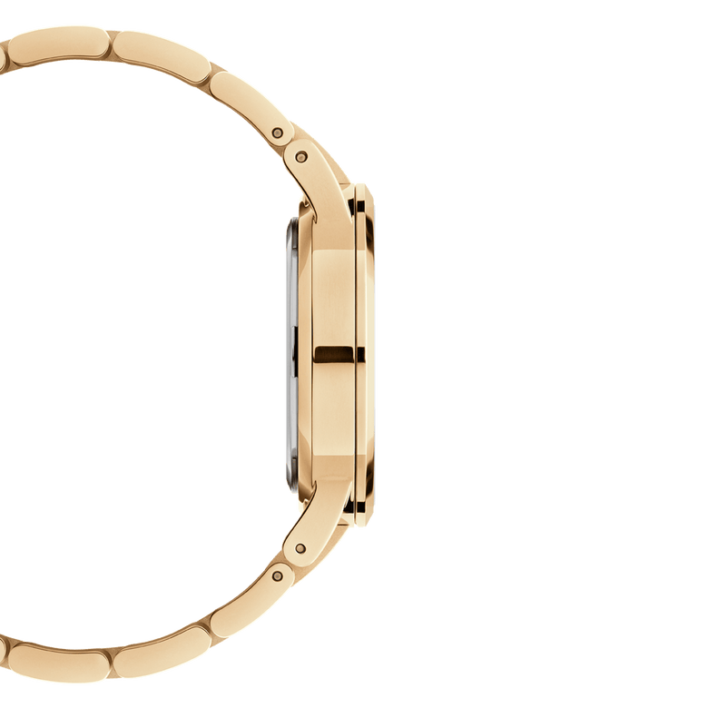 Side profile of the Iconic Link Emerald Gold watch highlighting its slim gold-plated stainless steel case and bracelet, designed for a comfortable fit on the wrist.