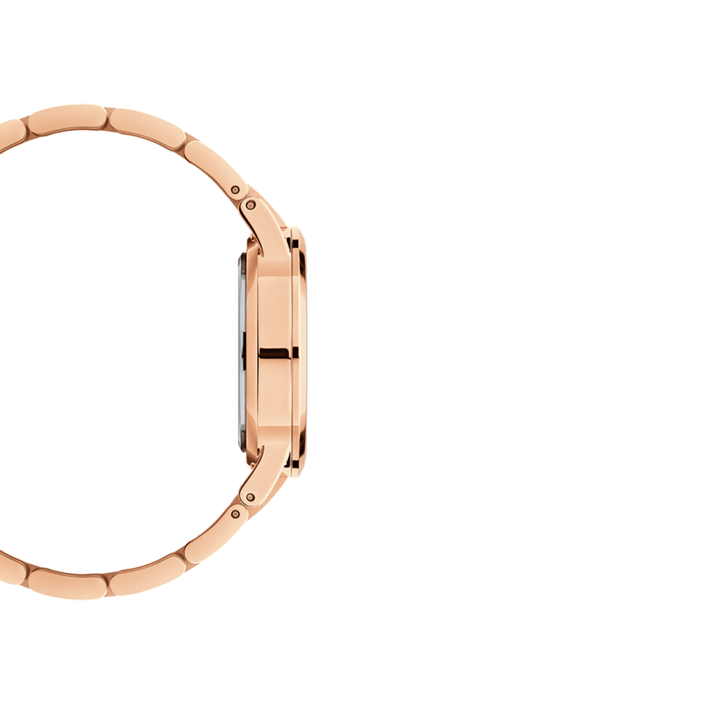 Side profile of the Iconic Link Pink Rose Gold ladies watch, showing the slim rose gold stainless steel case and link bracelet.