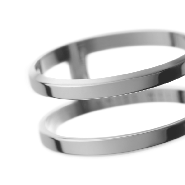 Close-up of the Elan Dual Ring Silver showing its minimalist double-band design and polished silver finish, highlighting the smooth, high-quality stainless steel craftsmanship.