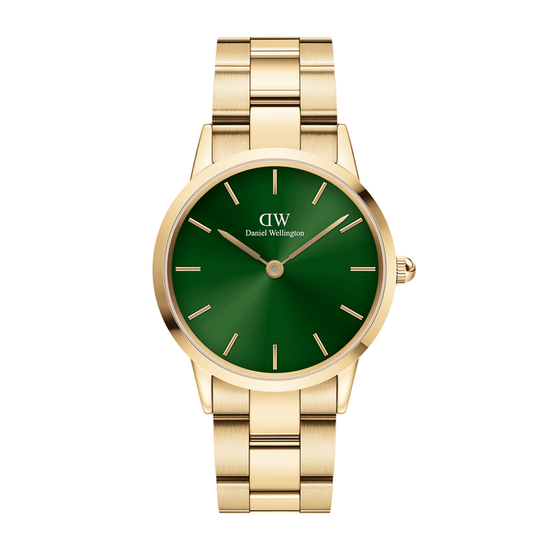 The Iconic Link Emerald Gold watch features a polished gold stainless steel bracelet and a striking emerald green dial with minimalist gold hour markers, offering a refined and modern look for women.