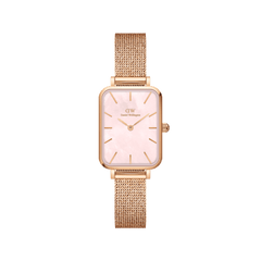 Quadro Pressed Melrose Pink MoP Rose Gold ladies watch featuring a slim rectangular rose gold case, pink mother of pearl dial, and an elegant rose gold mesh bracelet.