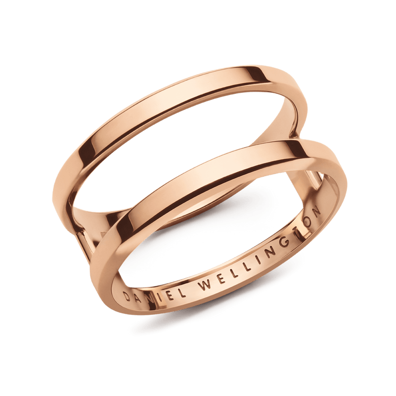Rose gold Elan Dual Ring featuring a double-band design with minimalist lines, crafted from stainless steel and engraved with the Daniel Wellington logo on the inside.
