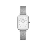 Quadro Lumine Pressed Piano White MoP Silver ladies watch with a rectangular stainless steel case, mother of pearl dial, crystal indexes, and a slim silver piano link bracelet.