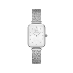 Quadro Lumine Pressed Piano White MoP Silver ladies watch with a rectangular stainless steel case, mother of pearl dial, crystal indexes, and a slim silver piano link bracelet.