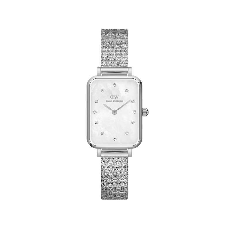 Quadro Lumine Pressed Piano White MoP Silver ladies watch with a rectangular stainless steel case, mother of pearl dial, crystal indexes, and a slim silver piano link bracelet.