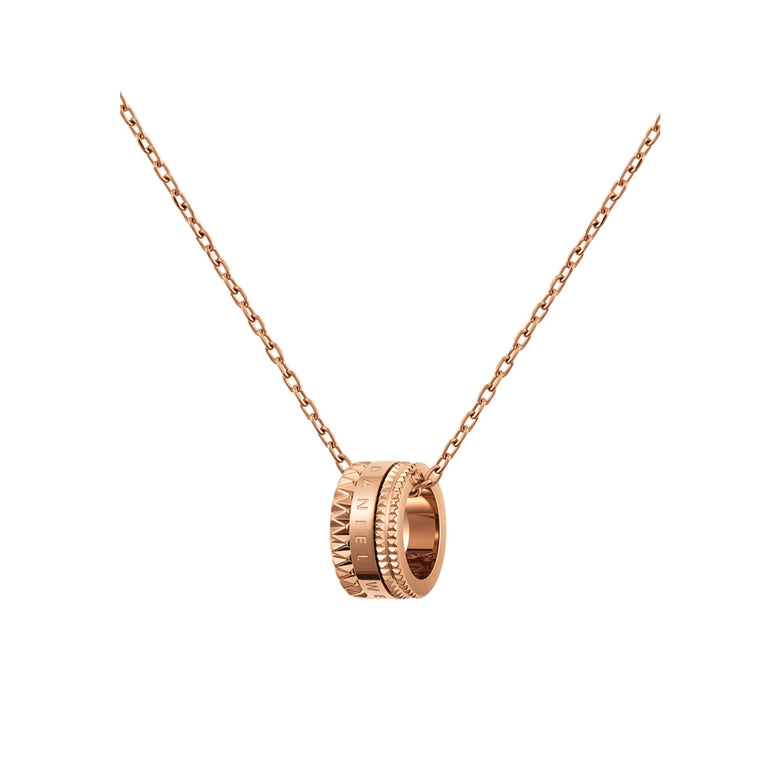 Rose gold Elevation Necklace with a bold geometric ring pendant and intricate detailing, hanging from a fine cable chain.