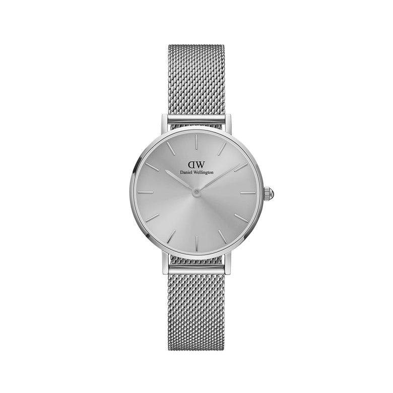 Petite Unitone Silver with a minimalist round dial and slim stainless steel mesh strap, featuring a tone-on-tone silver finish for a timeless and versatile style suitable for everyday wear.