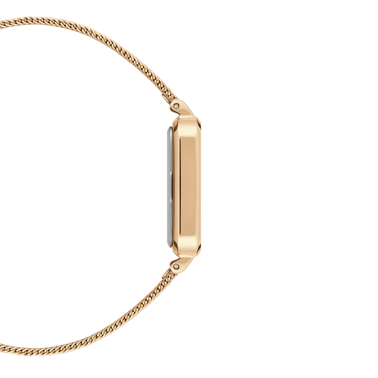 Side profile of the Quadro Pressed Evergold Gold watch, showing its slim rectangular gold case and lightweight gold mesh bracelet, ideal for a comfortable fit on small wrists.