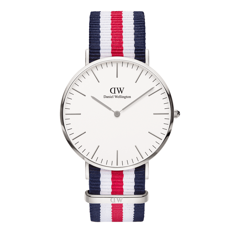 Classic Canterbury Silver features a polished silver case, minimalist eggshell white dial, and a blue, red, and white striped NATO strap, offering a versatile and stylish option for both men and women.