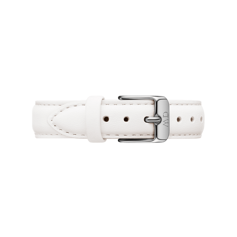White genuine leather watch strap with a polished silver buckle, designed for the Petite Bondi Black Silver, featuring neat stitching and multiple adjustment holes for a comfortable fit.
