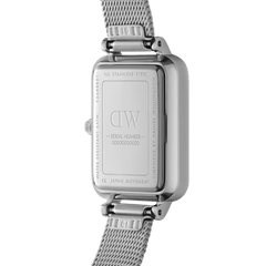 Back view of the Quadro Lumine Pressed Piano White MoP Silver watch showing the rectangular stainless steel case, engraved details, and adjustable silver mesh bracelet.
