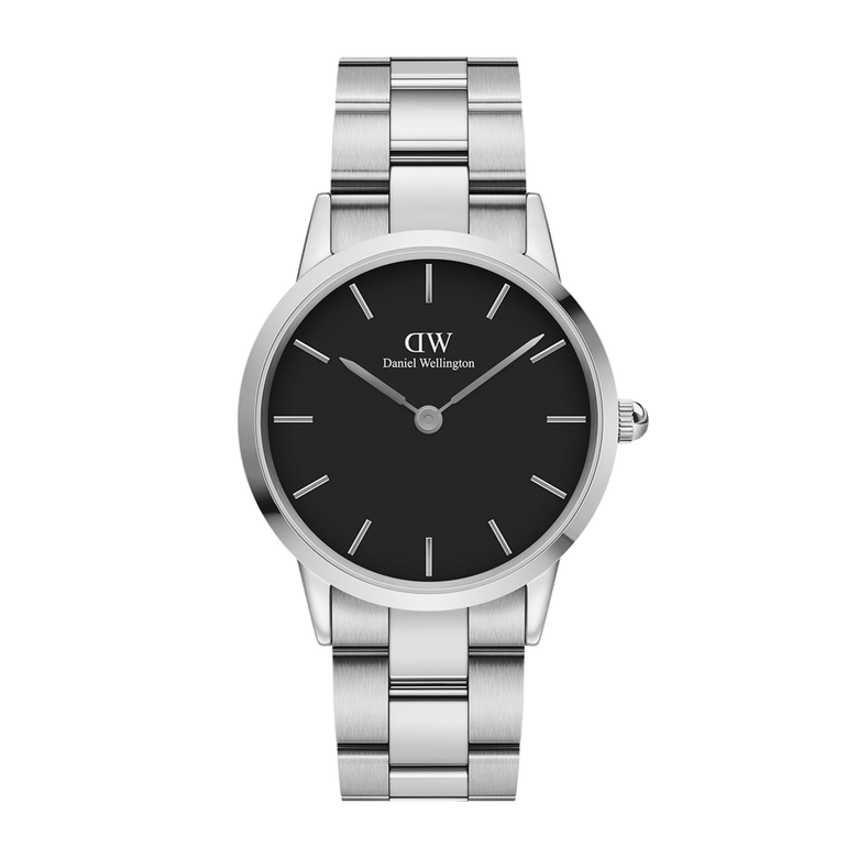 Daniel Wellington Iconic Link watch with a brushed stainless steel bracelet, minimalist black dial, and slim silver hour markers, designed for a modern yet timeless look.