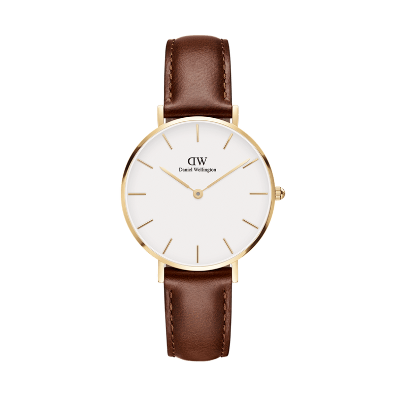 Petite St Mawes Gold features a minimalist white dial, slim gold-plated case, and a rich brown leather strap, offering a refined and comfortable gold watch option for women.