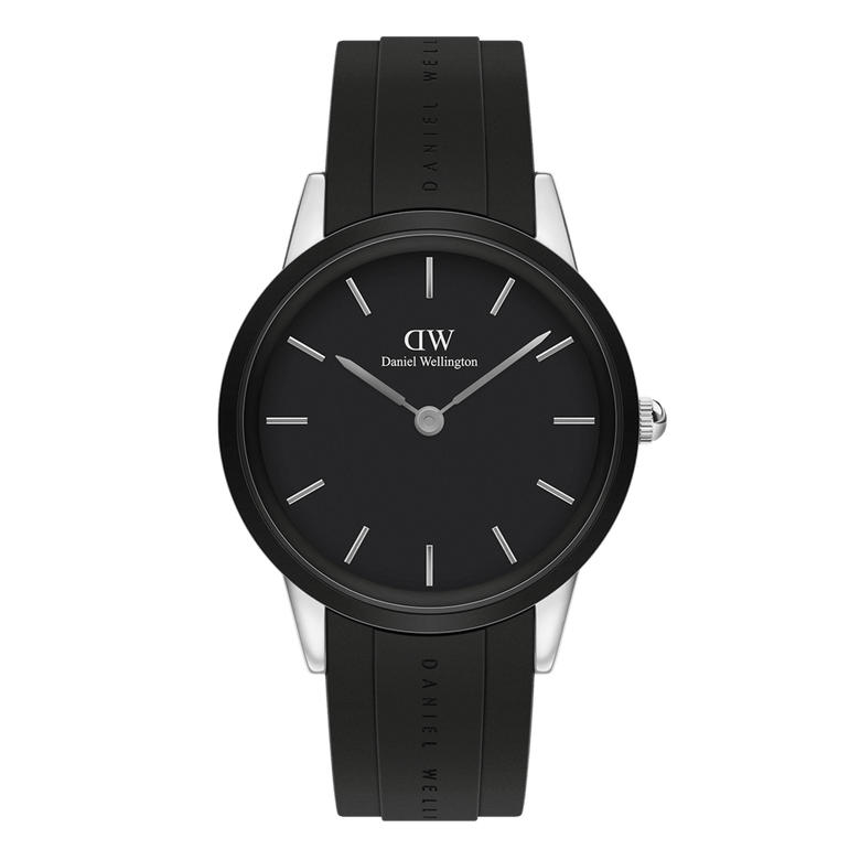 Daniel Wellington Iconic Motion Silver men's watch with a minimalist black dial, silver stainless steel case, and a sleek black FKM rubber strap, suitable for both professional and casual wear.