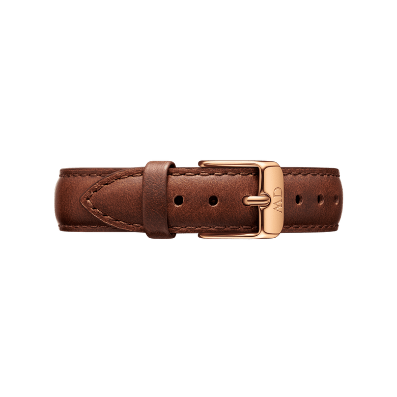 Brown genuine leather watch strap with rose gold buckle, designed for the Petite St Mawes women’s watch, offering adjustable comfort and a classic look.
