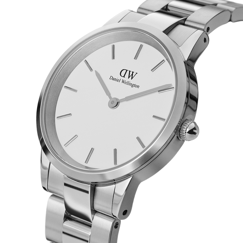 Daniel Wellington Iconic Link Silver watch with a polished stainless steel bracelet, minimalist eggshell white dial, and slim silver hour markers, shown from an angled side view.