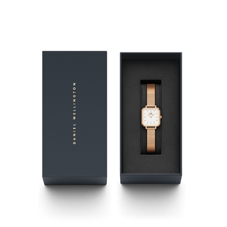 Quadro Studio Rose Gold watch presented in a sleek black gift box, featuring a square eggshell white dial and a slim rose gold piano link strap, ideal for gifting or adding a refined accessory to your collection.