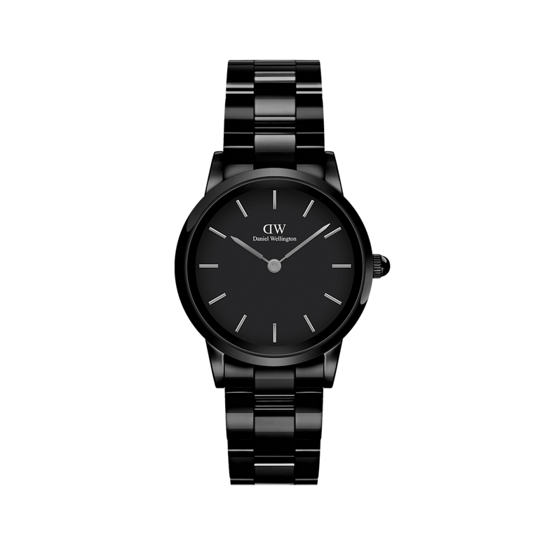 Iconic Link Ceramic watch with a polished black ceramic bracelet, minimalist black dial, and silver-tone hour markers, offering a refined and modern style for women.