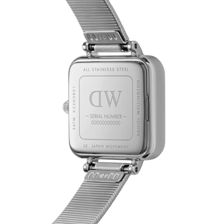 Back view of the Quadro Studio Silver ladies watch, showing the stainless steel case, engraved details, and piano link strap with Japanese movement.