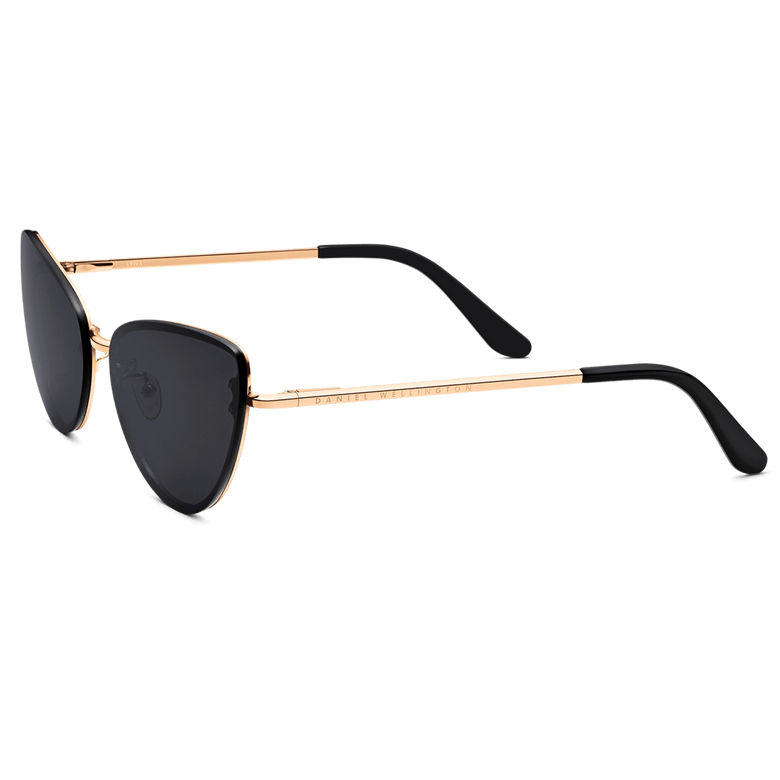 Lynx Steel Black sunglasses with a rose gold plated stainless steel frame, black cat eye lenses, and sleek black temple tips, offering a modern and elegant look for women.