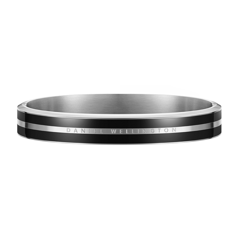 Emalie Infinite Silver Black bracelet with a polished stainless steel bangle and deep black enamel ribbon, featuring engraved detailing for a modern, minimalist look.