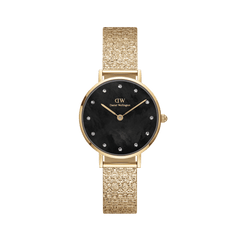 Petite Lumine Pressed Piano Black MoP Gold watch featuring a 28mm gold case, black mother of pearl dial with crystal hour markers, and a textured gold mesh strap.