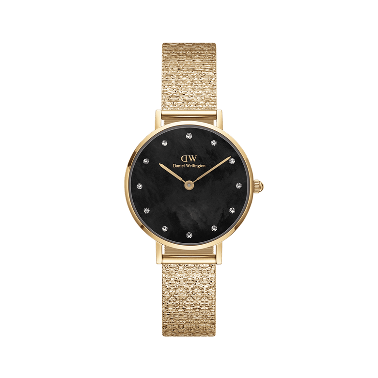 Petite Lumine Pressed Piano Black MoP Gold watch featuring a 28mm gold case, black mother of pearl dial with crystal hour markers, and a textured gold mesh strap.