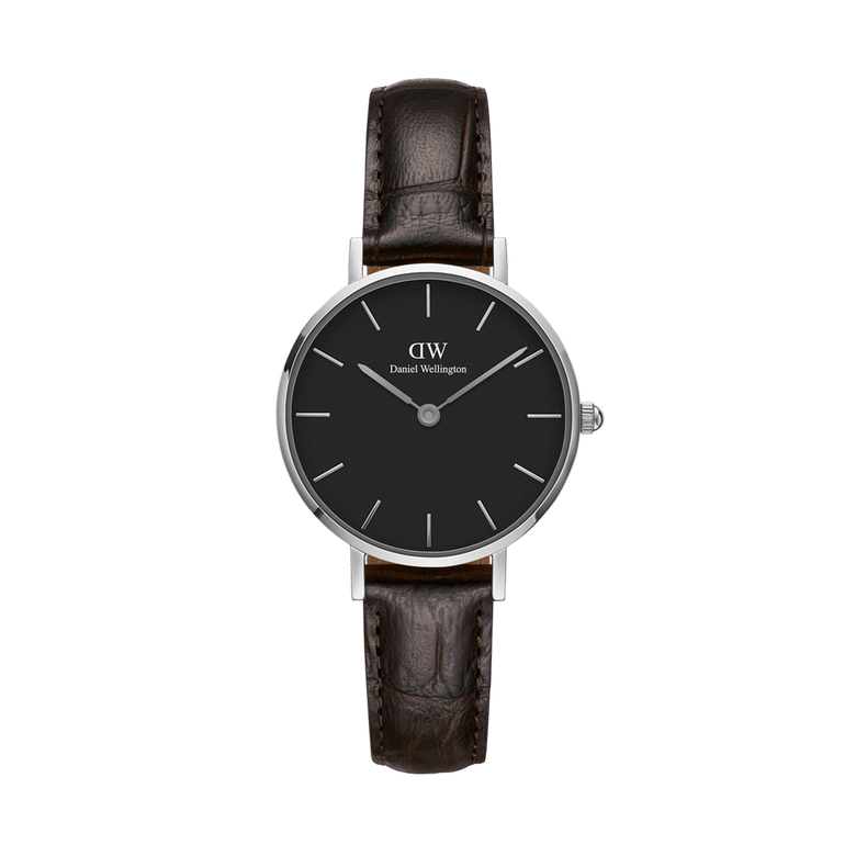 Petite York Black Silver ladies watch with a minimalist black dial, slim silver stainless steel case, and croc-embossed dark brown leather strap, designed for everyday elegance and comfort.