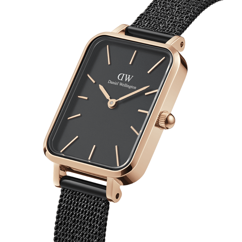 Quadro Pressed Ashfield displays a rectangular rose gold case with a black dial and slim black mesh strap, highlighting its minimalist design and refined detailing for women.