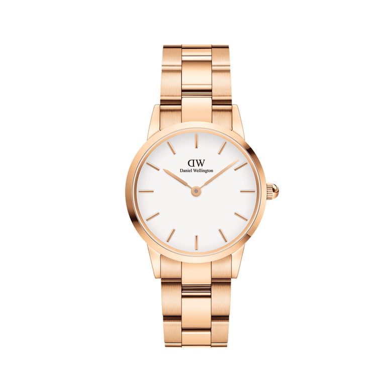 Rose gold Daniel Wellington Iconic Link watch with a polished three-link stainless steel bracelet and a minimalist eggshell white dial, featuring slim hour markers and a secure clasp.