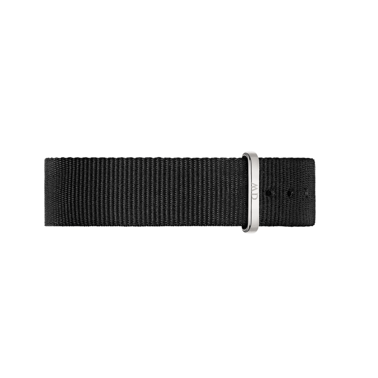Black NATO strap for the Classic Cornwall Black Silver watch, featuring durable woven polyester and a polished silver buckle for easy adjustment and comfort.