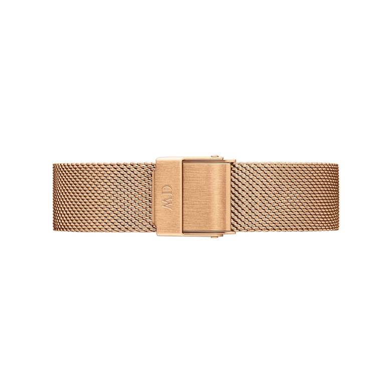 Rose gold mesh strap for the Petite Melrose Rose Gold watch, featuring a smooth, adjustable clasp and finely woven stainless steel for a comfortable, elegant fit.