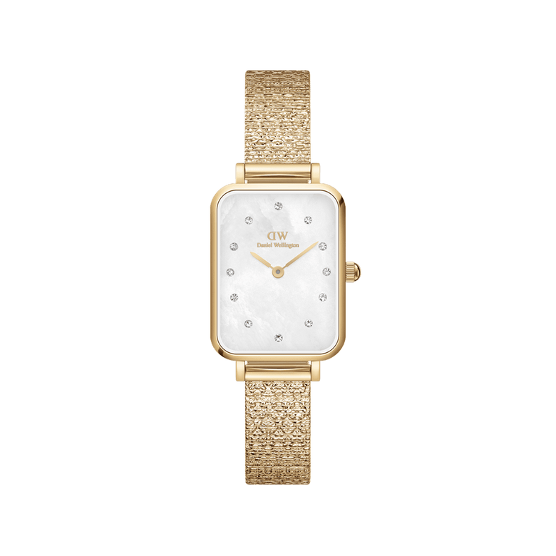 Quadro Lumine Pressed Piano White MoP Gold ladies watch featuring a rectangular gold case, real mother of pearl dial with crystal indexes, and a textured gold piano link bracelet.