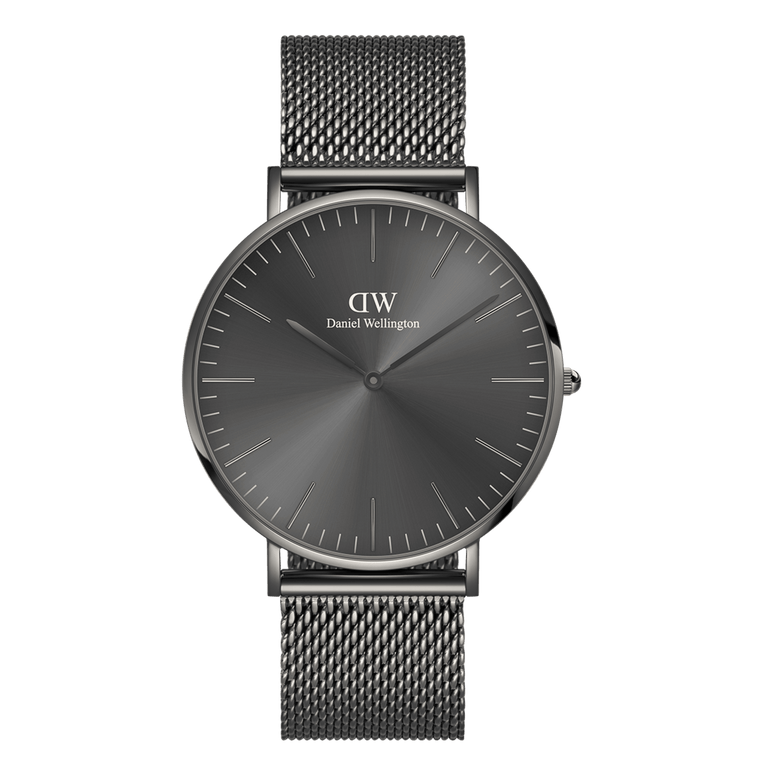 Classic Mesh Graphite watch with a graphite grey stainless steel mesh strap and minimalist sunray dial, featuring a 40mm case and monochrome finish suitable for everyday wear.