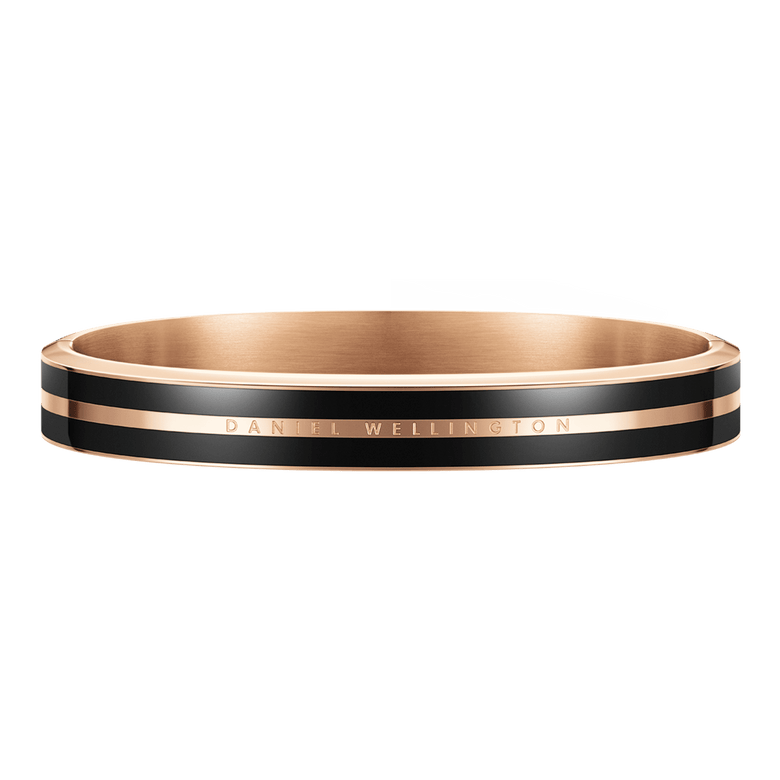 Emalie Infinite Rose Gold Black bracelet with a contemporary rose gold and black enamel bangle design, featuring engraved branding and a smooth, polished finish.