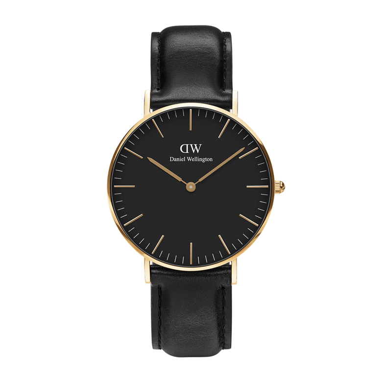 Classic Sheffield Gold watch with a black dial, gold-plated case, slim gold hour markers, and a smooth black leather strap, combining minimalist style with a refined finish.