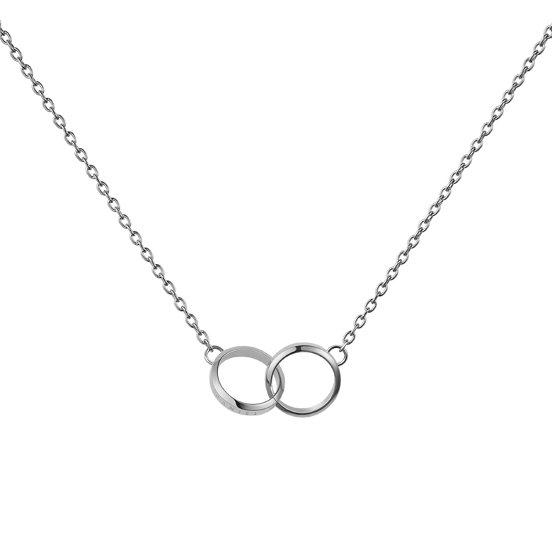 Silver chain necklace featuring two interlocked polished rings as a pendant, showcasing a minimalist and elegant design suitable for both casual and formal wear.