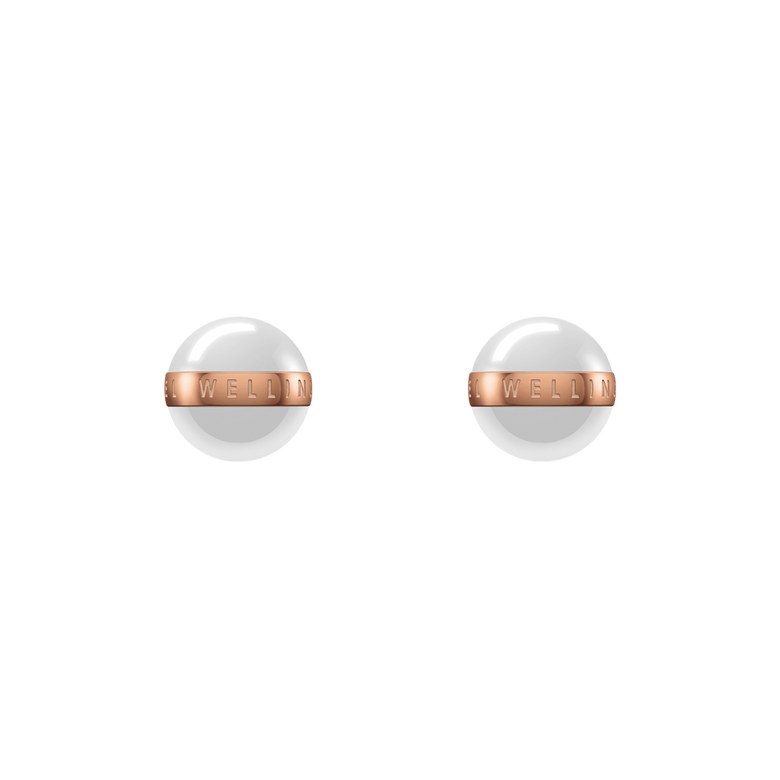 Aspiration Earrings Rose Gold Satin White featuring smooth satin white ceramic spheres with a rose gold plated band engraved with branding, shown as a pair of minimalist stud earrings suitable for everyday wear.