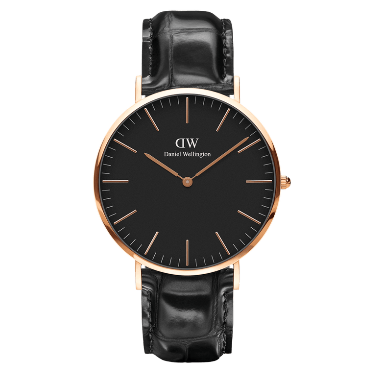 Classic Reading Black Rose Gold watch with a black croc-embossed leather strap, minimalist black dial, and slim rose gold case, blending modern elegance with timeless style.