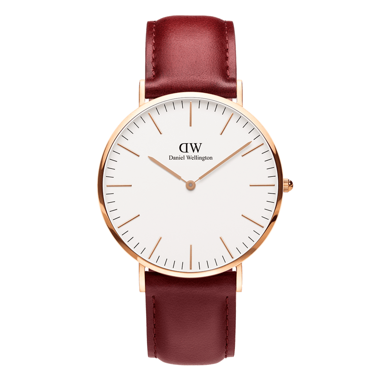Classic Suffolk Rose Gold watch featuring a slim rose gold case, minimalist eggshell white dial, and rustic red genuine leather strap, designed for both men and women.