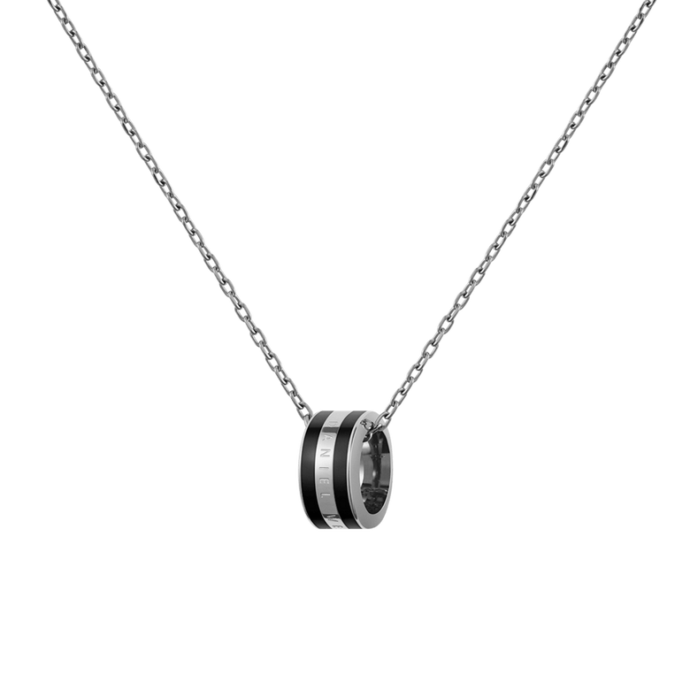 A minimalist silver chain necklace featuring a circular black enamel pendant with subtle branding, designed for a modern and elegant look.