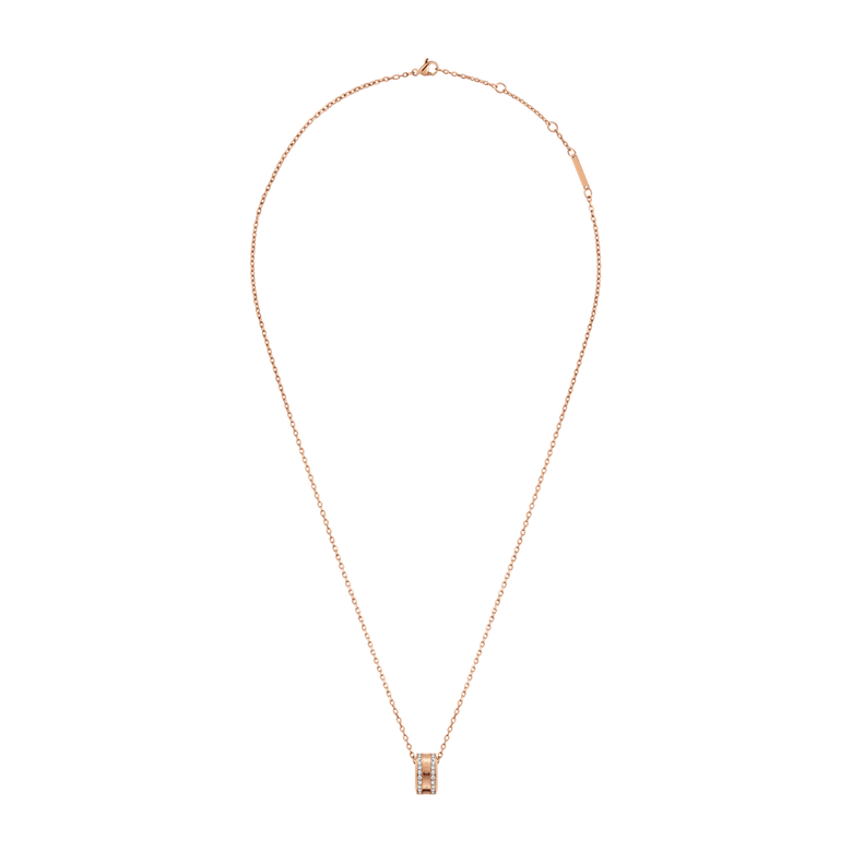 Elan Lumine Necklace Rose Gold featuring a fine adjustable rose gold chain and a round pendant set with sparkling crystals, offering a minimalist and elegant look.