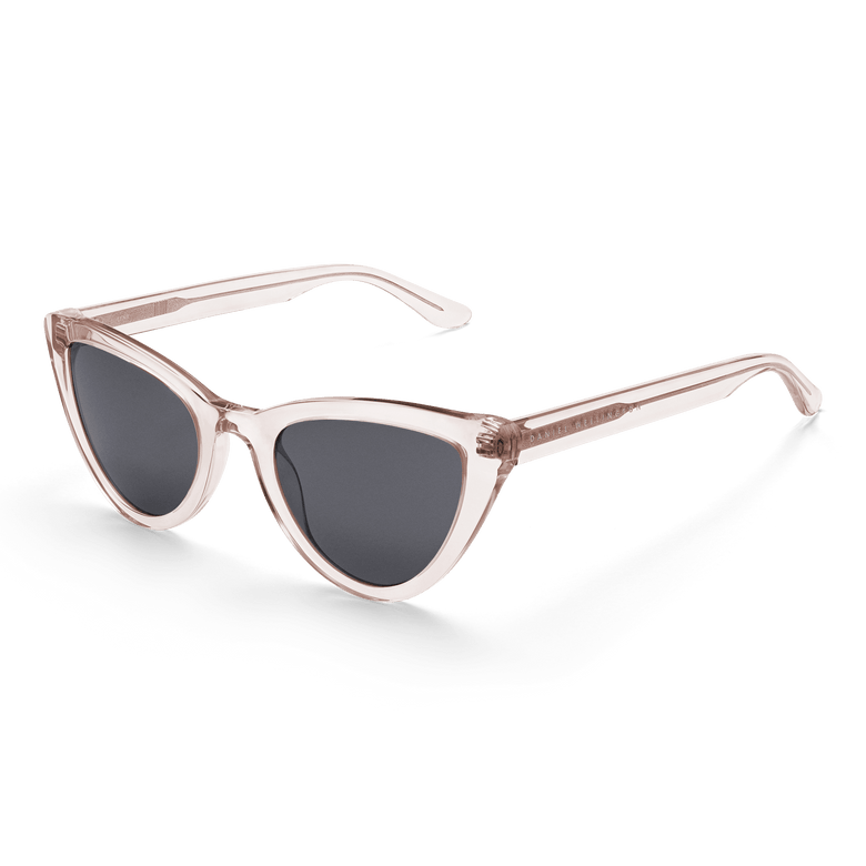 Lynx Bio-Acetate Clear Pink/Black sunglasses with a transparent pink cat eye frame and dark black nylon lenses, featuring subtle branding on the arms and a lightweight, comfortable design.