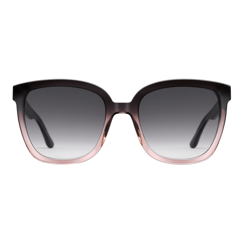 Oversized square sunglasses with a dark blue to coral gradient bio-acetate frame and black gradient UV400 lenses, offering a modern and elegant look suitable for women.