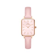 Quadro Cherry Blossom ladies watch featuring a rectangular rose gold case, pastel pink leather strap, and a genuine mother of pearl dial with minimalist gold markers.